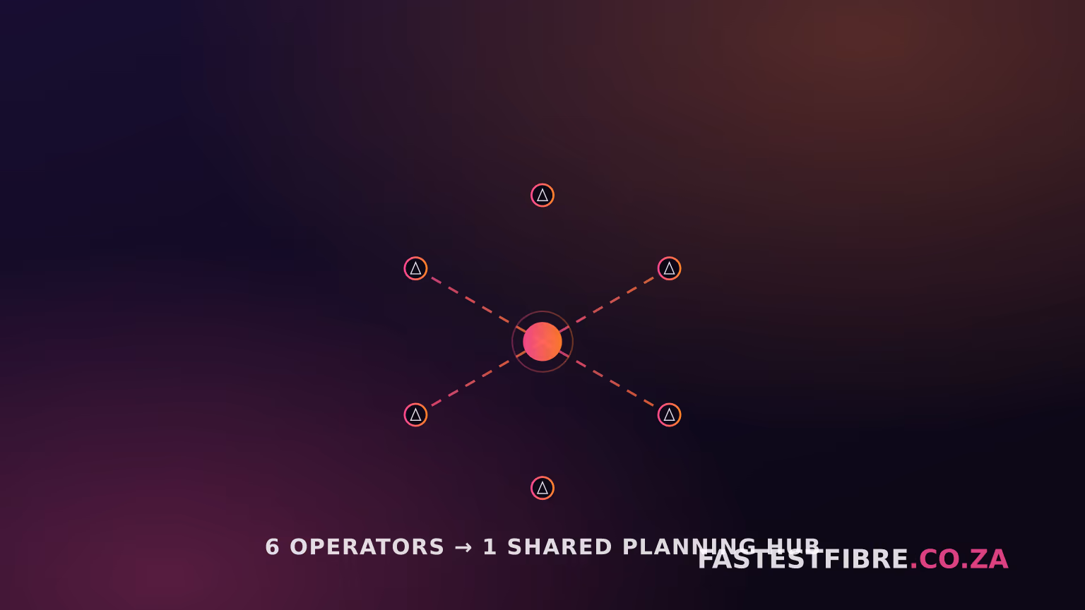Six labelled network-tower icons connected by dotted lines into one shared hub node, on a dark magenta-to-orange gradient background, representing six telecoms operators coordinating rural infrastructure planning