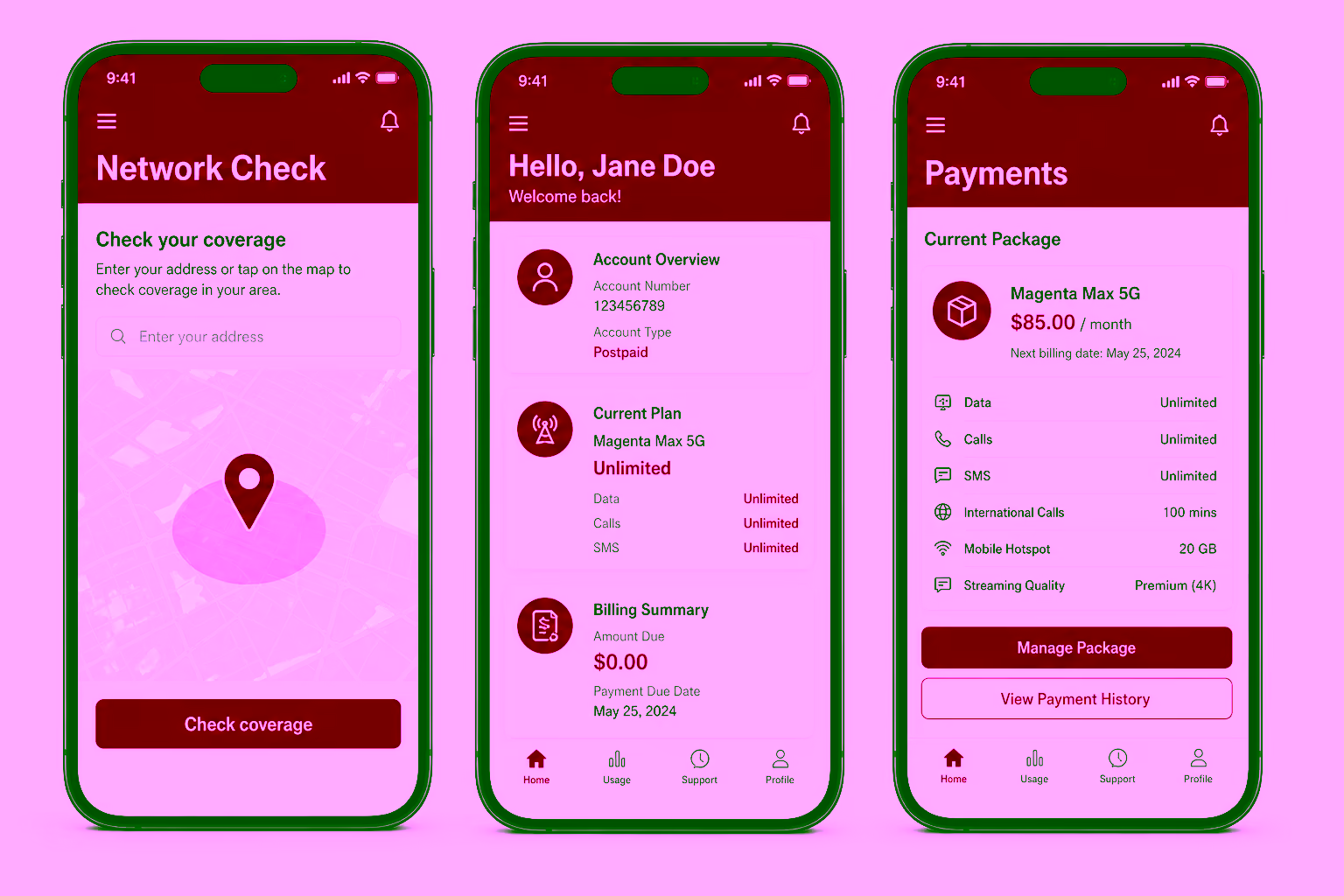 Vuma self-service mobile app shown on three smartphones - coverage check, account dashboard and payments