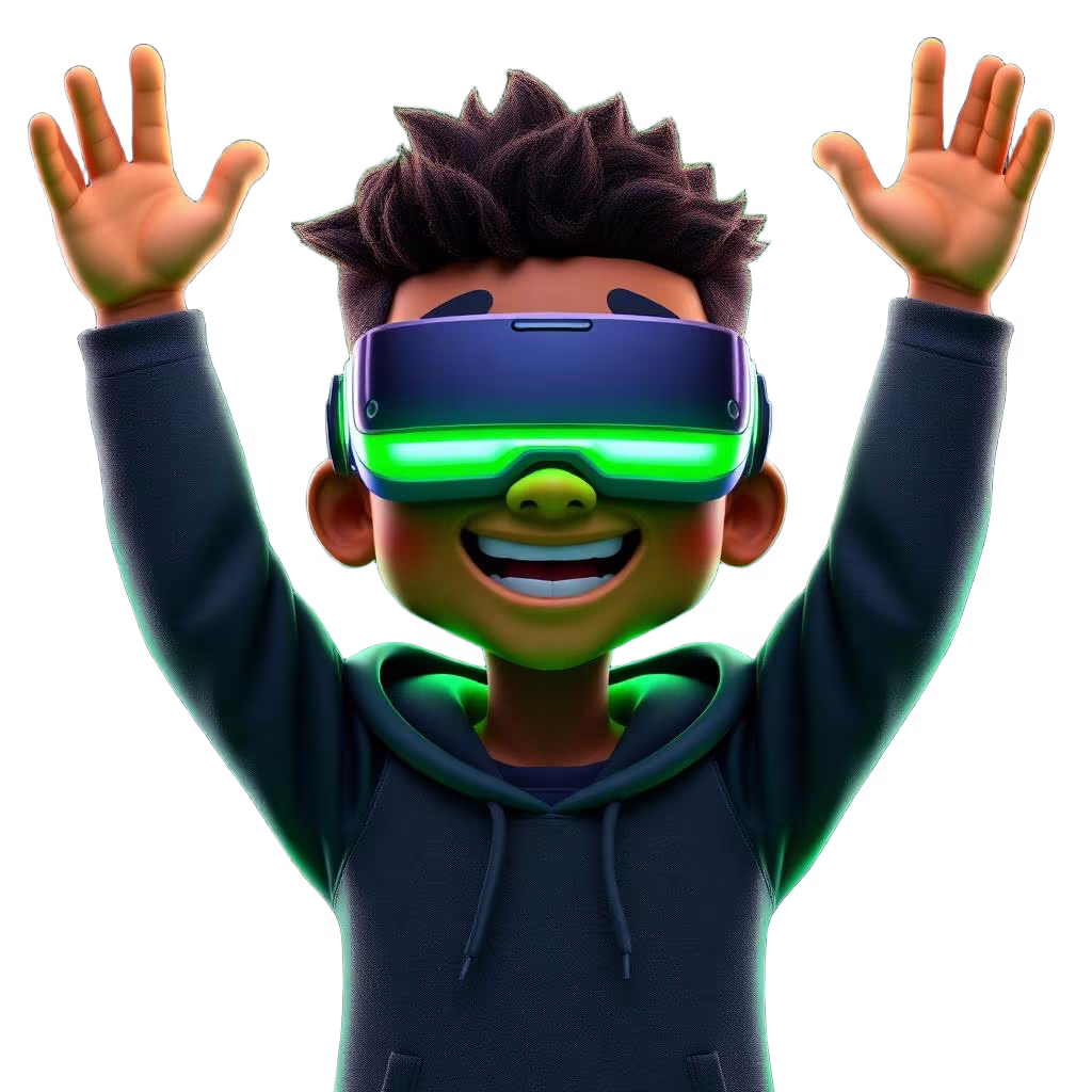 3D character wearing glowing green VR goggles celebrating fast fibre