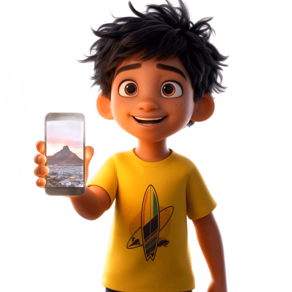3D character surfer with Table Mountain backdrop representing Cape Town fibre coverage