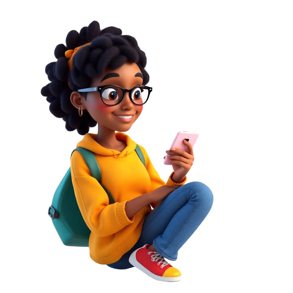 Cartoon illustration of a young woman checking fibre coverage on her smartphone