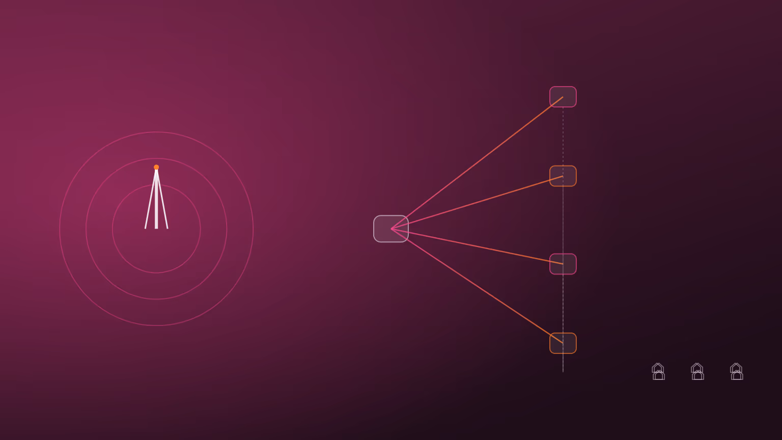 A diagram of a radio tower with signal rings connecting through a central hub to four retail-ISP nodes, which fan out to rows of small home icons