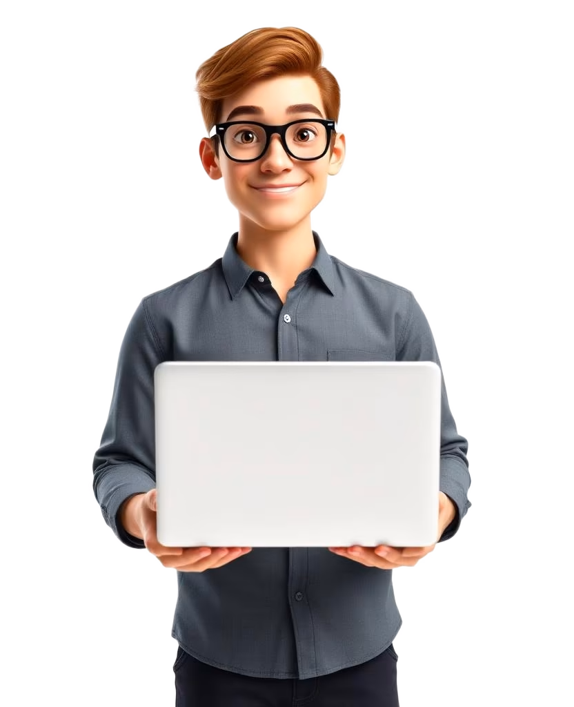3D character with glasses holding a laptop showing a network visualisation