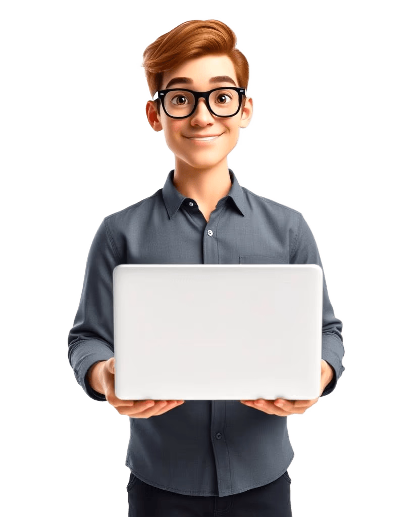 3D character with glasses holding a laptop showing a network visualisation
