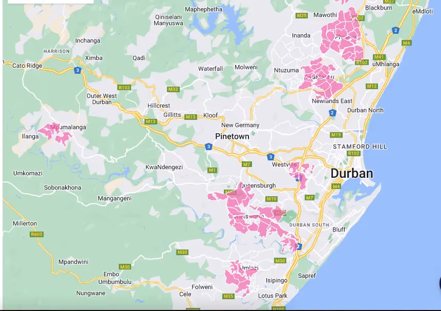 Vuma Reach fibre coverage map for Durban showing rollout zones