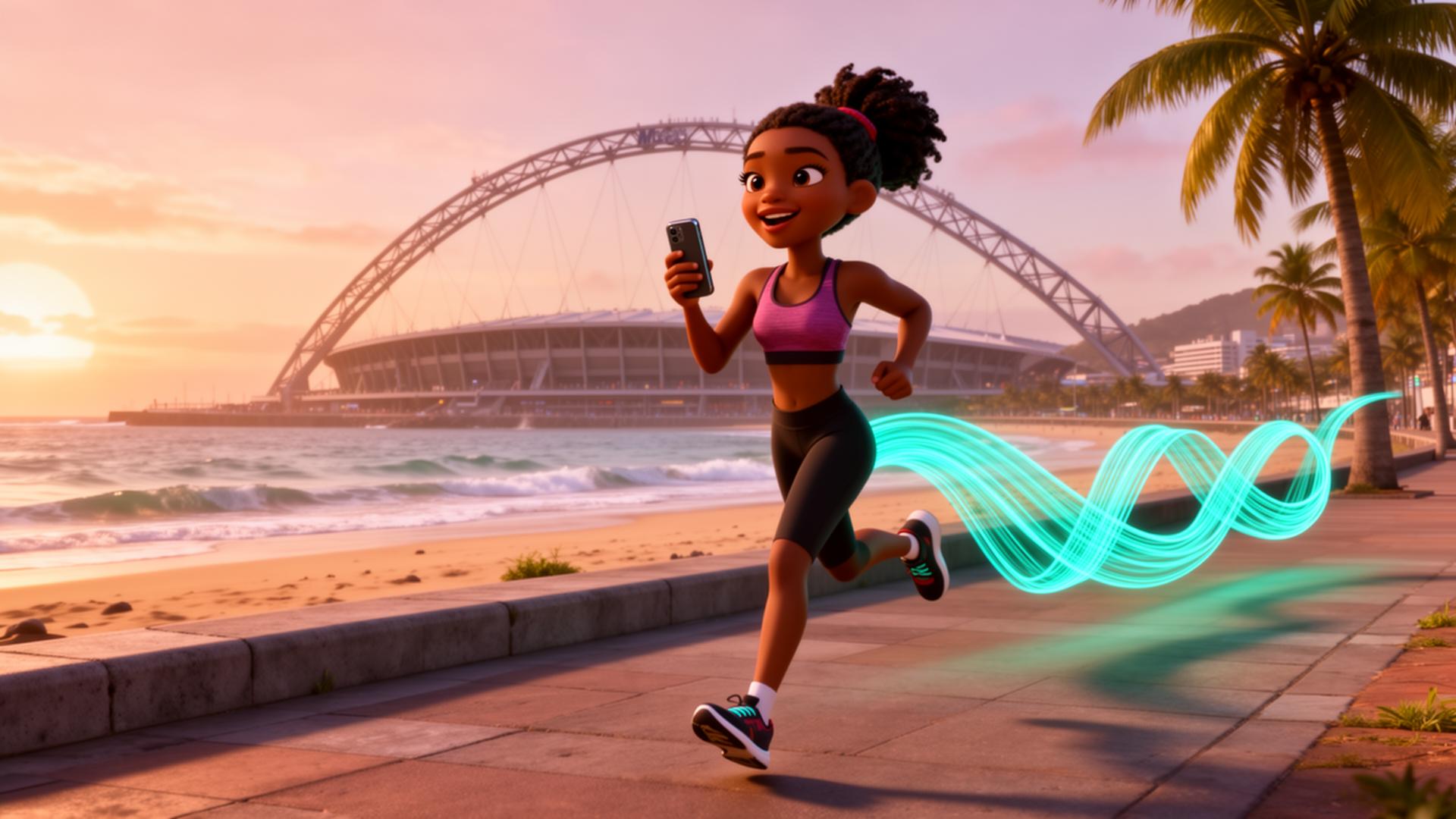 South African woman jogging on the Durban beachfront promenade with the Moses Mabhida Stadium in the background