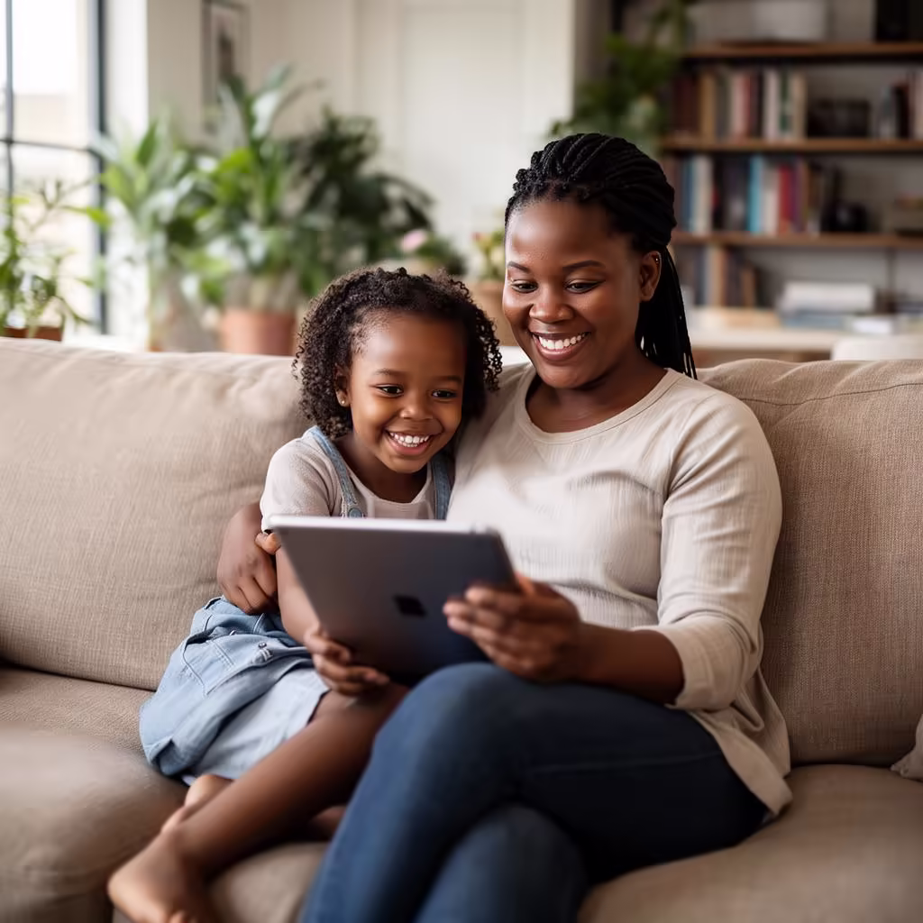 South African mother and daughter on a couch enjoying their tablet on a Vuma fibre connection