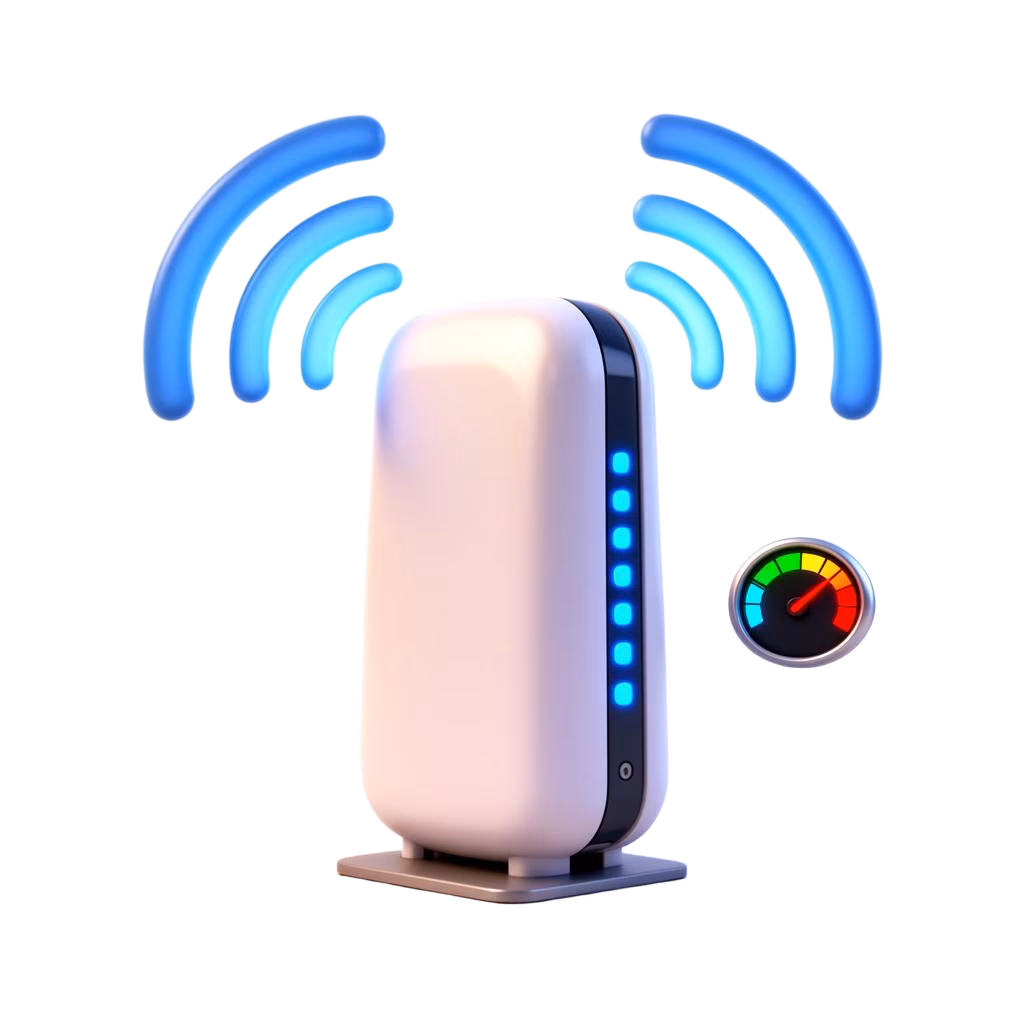 Friendly illustration of a fibre router with a glowing pink Wi-Fi signal radiating outwards
