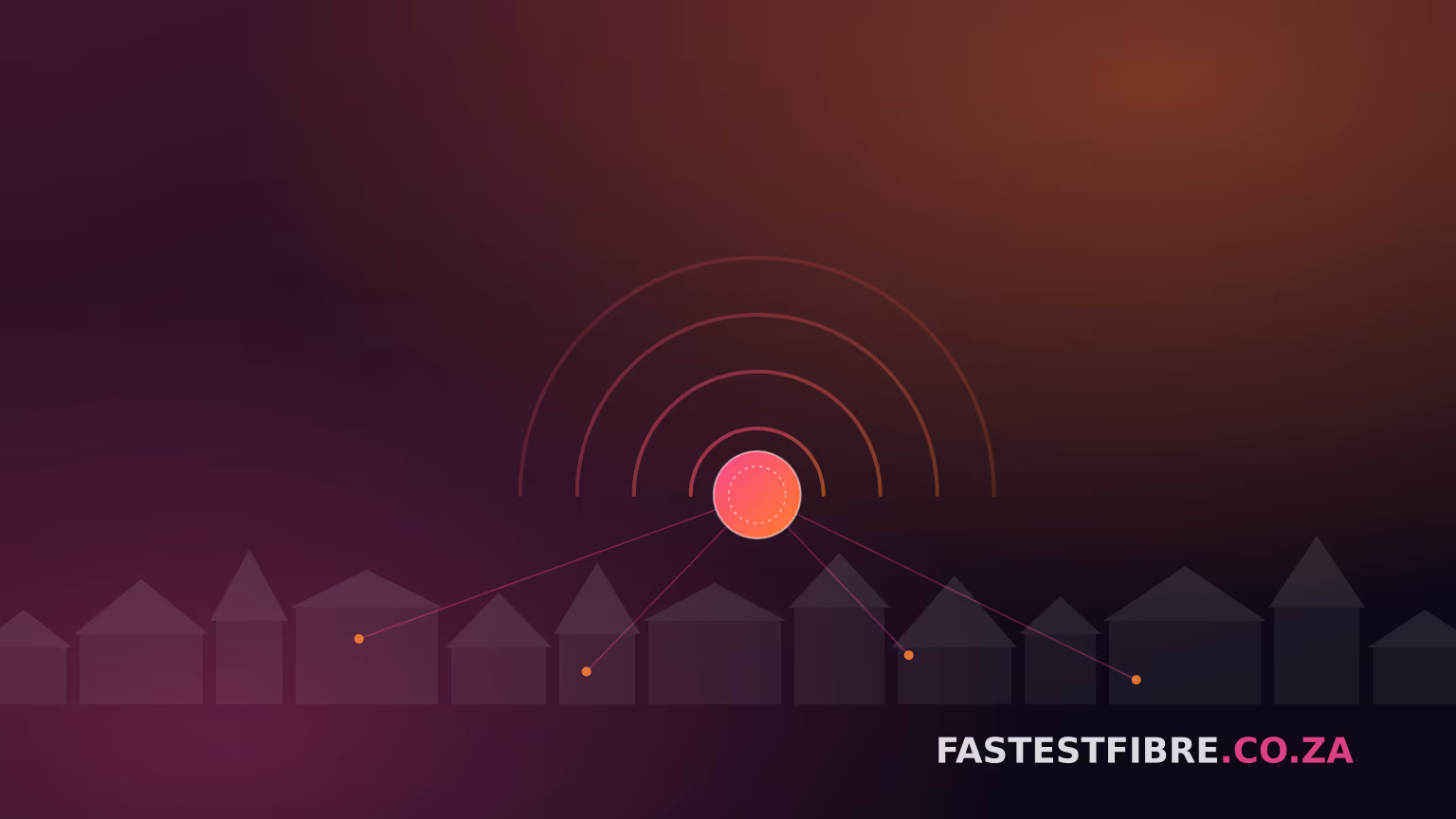 Signal arcs radiate from a coin motif to a row of township rooftops, representing Fibertime's pay-as-you-day fibre network