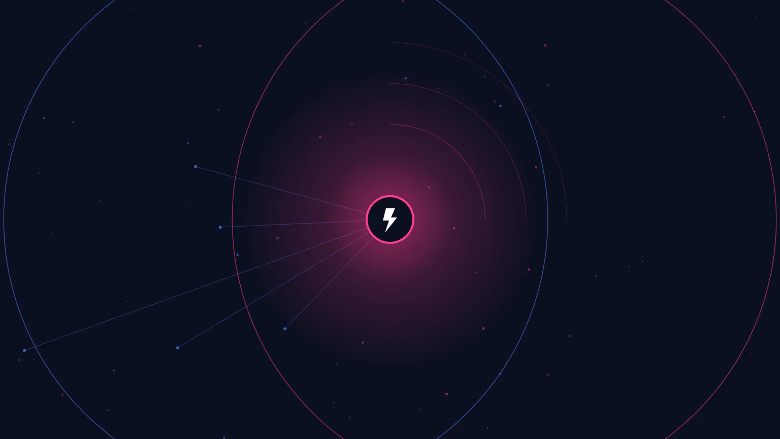 A glowing power icon at the centre of overlapping network rings, representing backup power for a fibre router during an outage