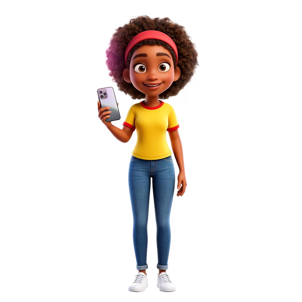 Cartoon illustration of a curious young South African woman with a smartphone and a question-mark speech bubble
