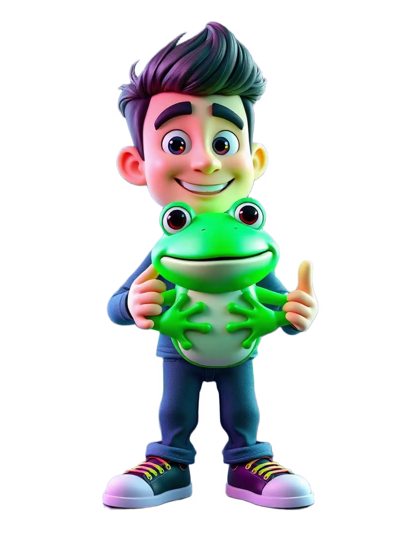 Cartoon character holding green frog mascot representing Frogfoot fibre