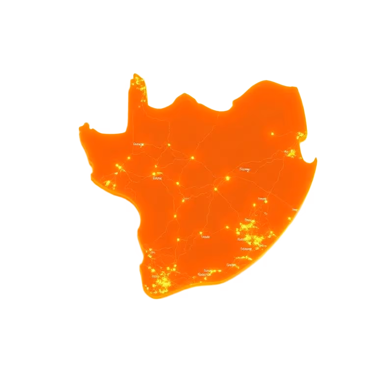 Glowing green map of South Africa showing Frogfoot fibre coverage across all nine provinces