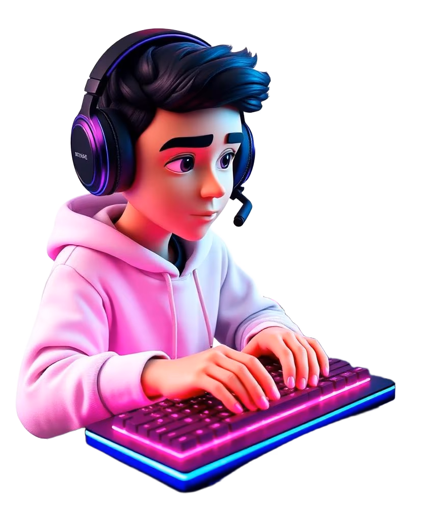 3D character wearing a gaming headset at a dual-monitor setup with RGB lighting