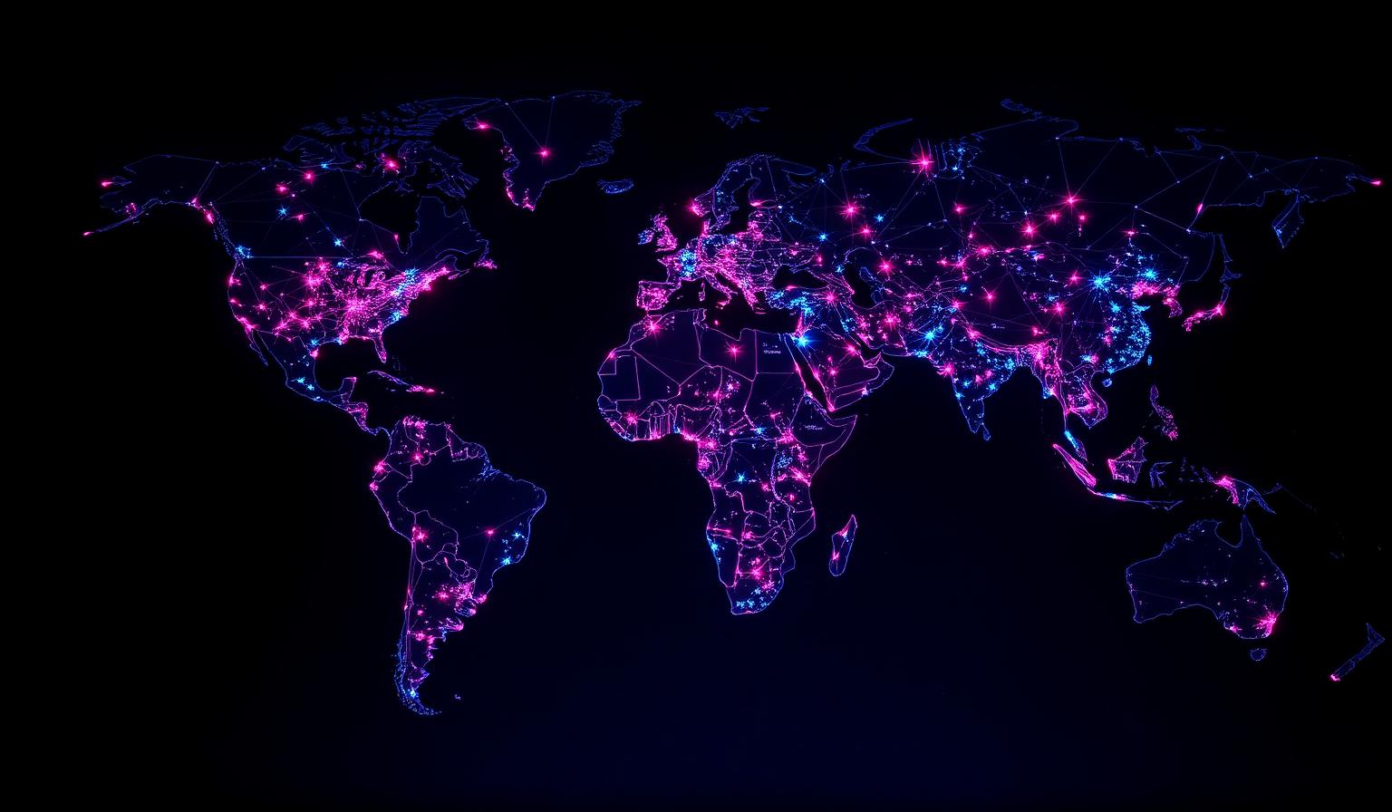 A glowing world map of fibre optic connections lit in pink and cyan against a dark background