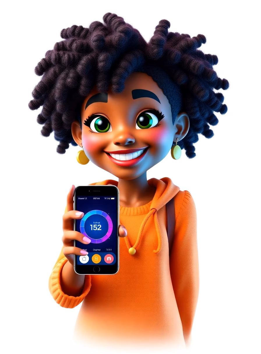 3D character holding a smartphone showing a fibre speed test