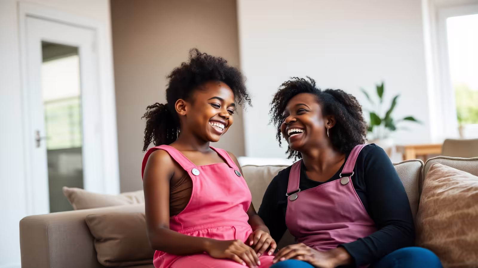 South African mother and daughter laughing together at home, connected by Vuma fibre