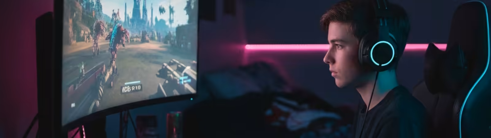 Teenager gaming with a headset on a large monitor