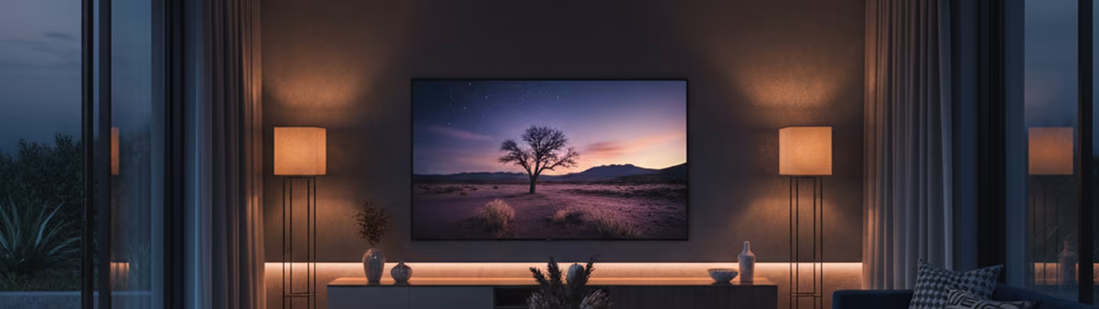 Modern lounge at night with a glowing TV
