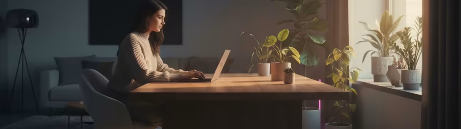 Woman working from home on a laptop by a sunny window