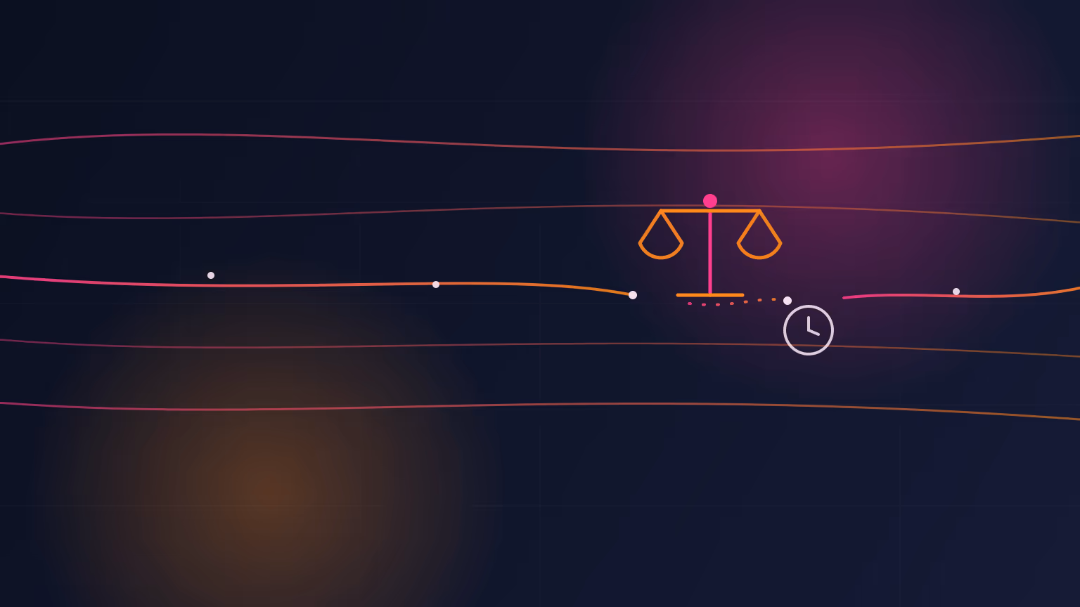 Abstract illustration of a fibre data strand interrupted by a scales-of-justice glyph and a clock, representing regulatory delay