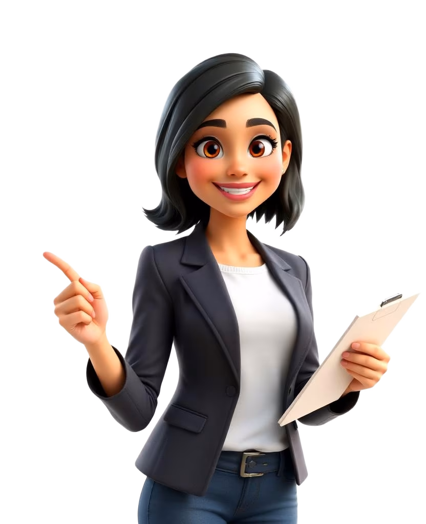 3D character in a smart blazer holding a clipboard, representing fibre reviews and editorial insights