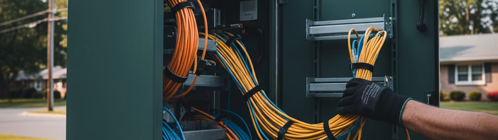 Open green street cabinet with bundled fibre cables