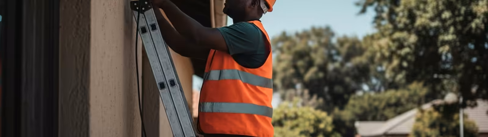 Fibre installation technician on a ladder running cable