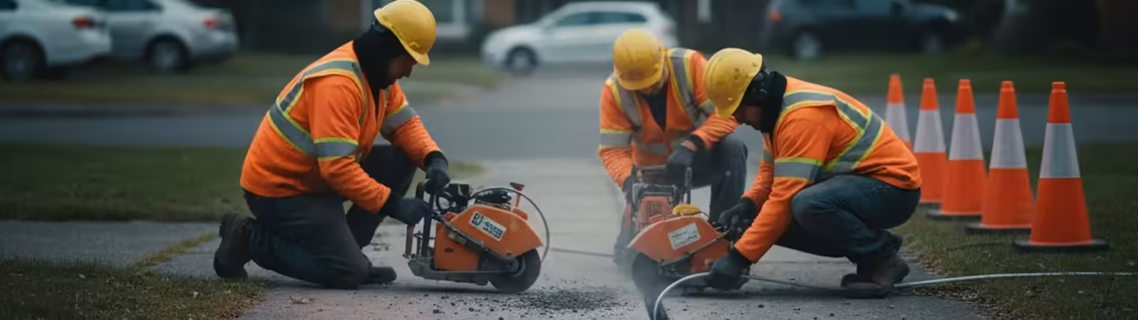 Workers micro-trenching a pavement to lay fibre