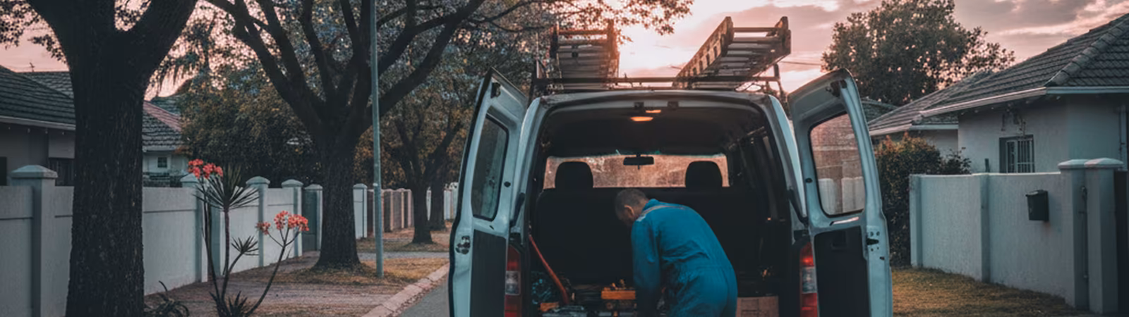 Utility van parked on a suburban street with a ladder