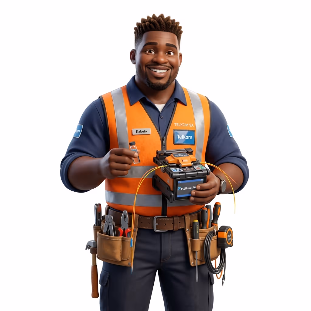 3D illustration of a Comtel fibre installer in overalls