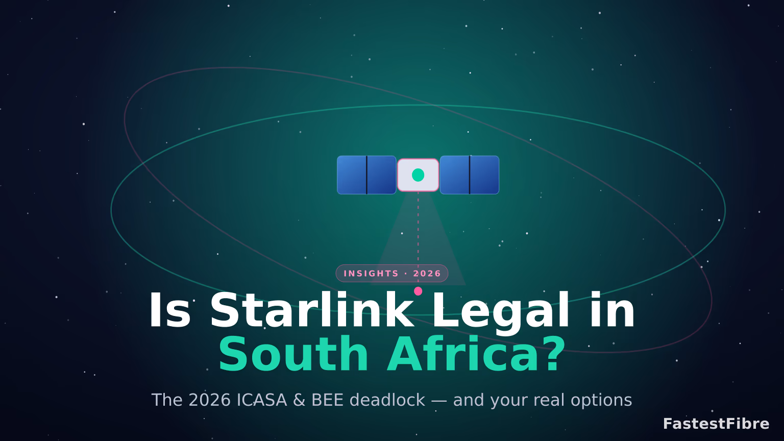 Illustration of a Starlink satellite beaming a downlink toward South Africa against a navy night sky