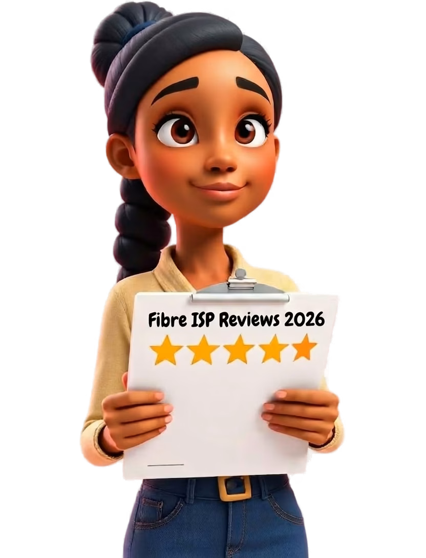 Thoughtful South African reviewer holding a clipboard with ISP star ratings