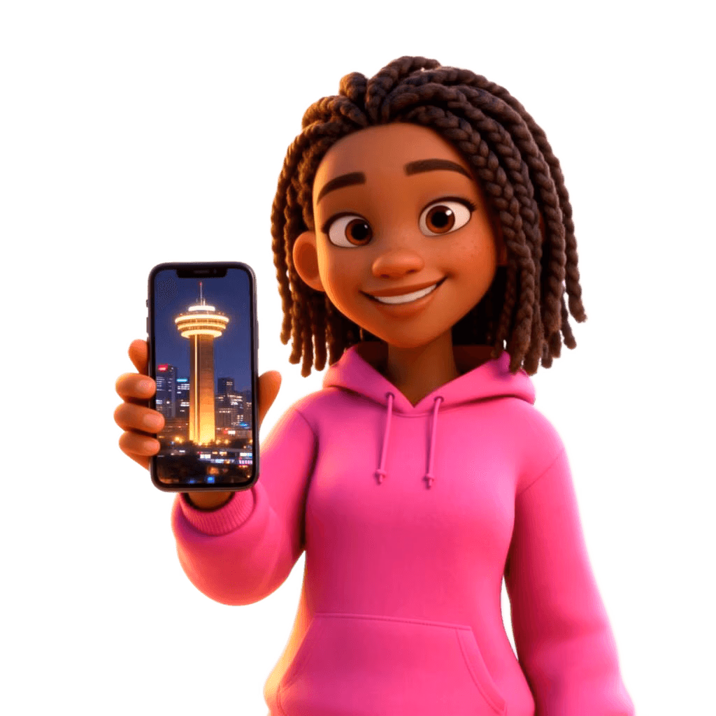 3D character with Sandton skyline representing Johannesburg fibre coverage