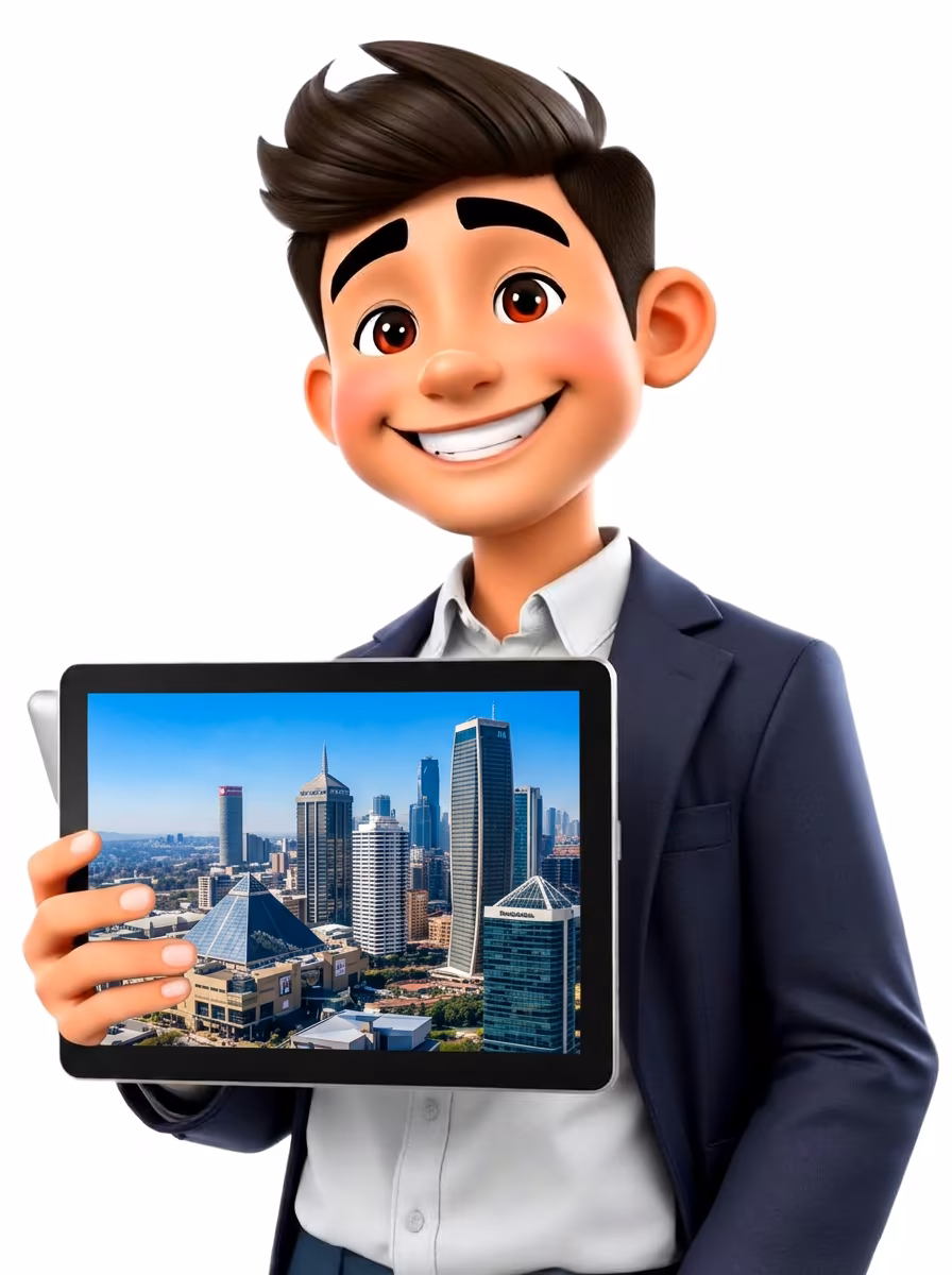 3D character with Sandton skyline representing Johannesburg fibre coverage