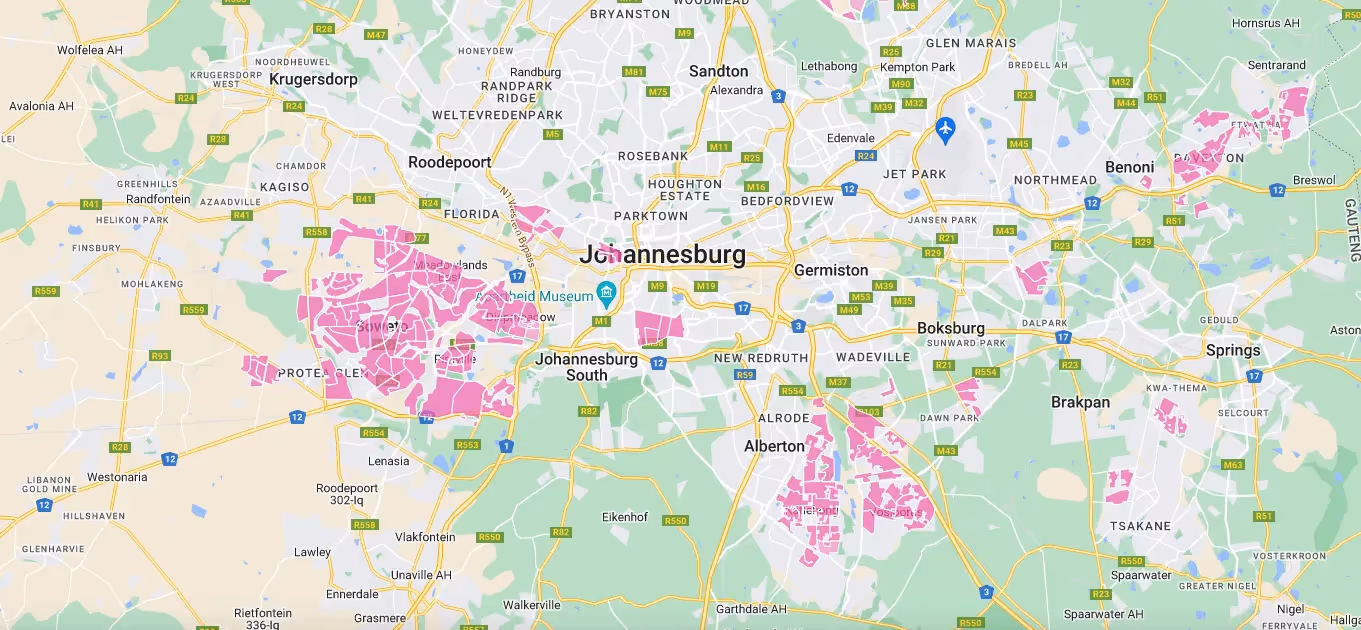 Vuma Reach fibre coverage map for Johannesburg showing rollout zones