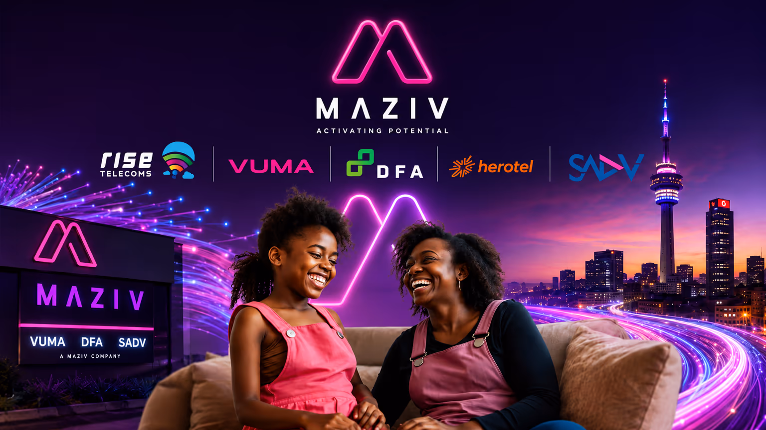 South African family at home using fibre internet from a merged Maziv-group network