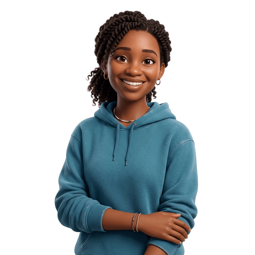3D illustration of a friendly South African woman in a teal hoodie representing Mitsol fibre