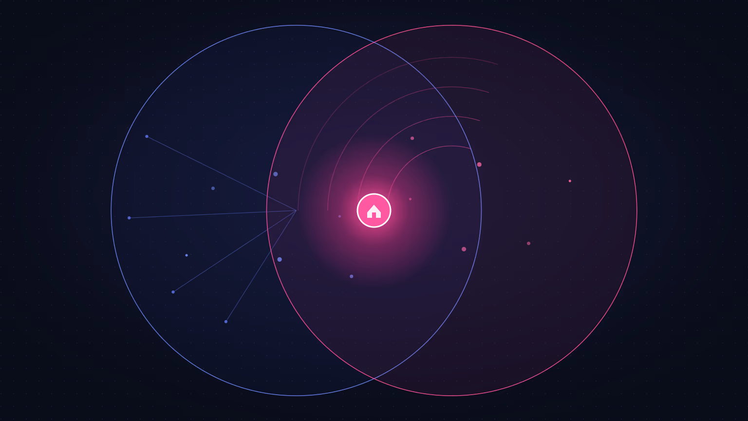 Two overlapping network circles - fibre and wireless - converging on a glowing household node, representing MTN's combined fibre-plus-fixed-wireless home internet strategy