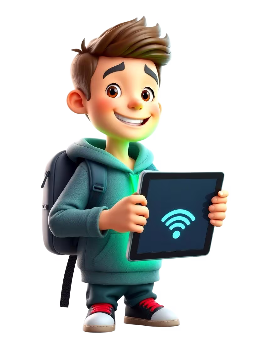 Cartoon character holding tablet displaying WiFi router icon for MWeb