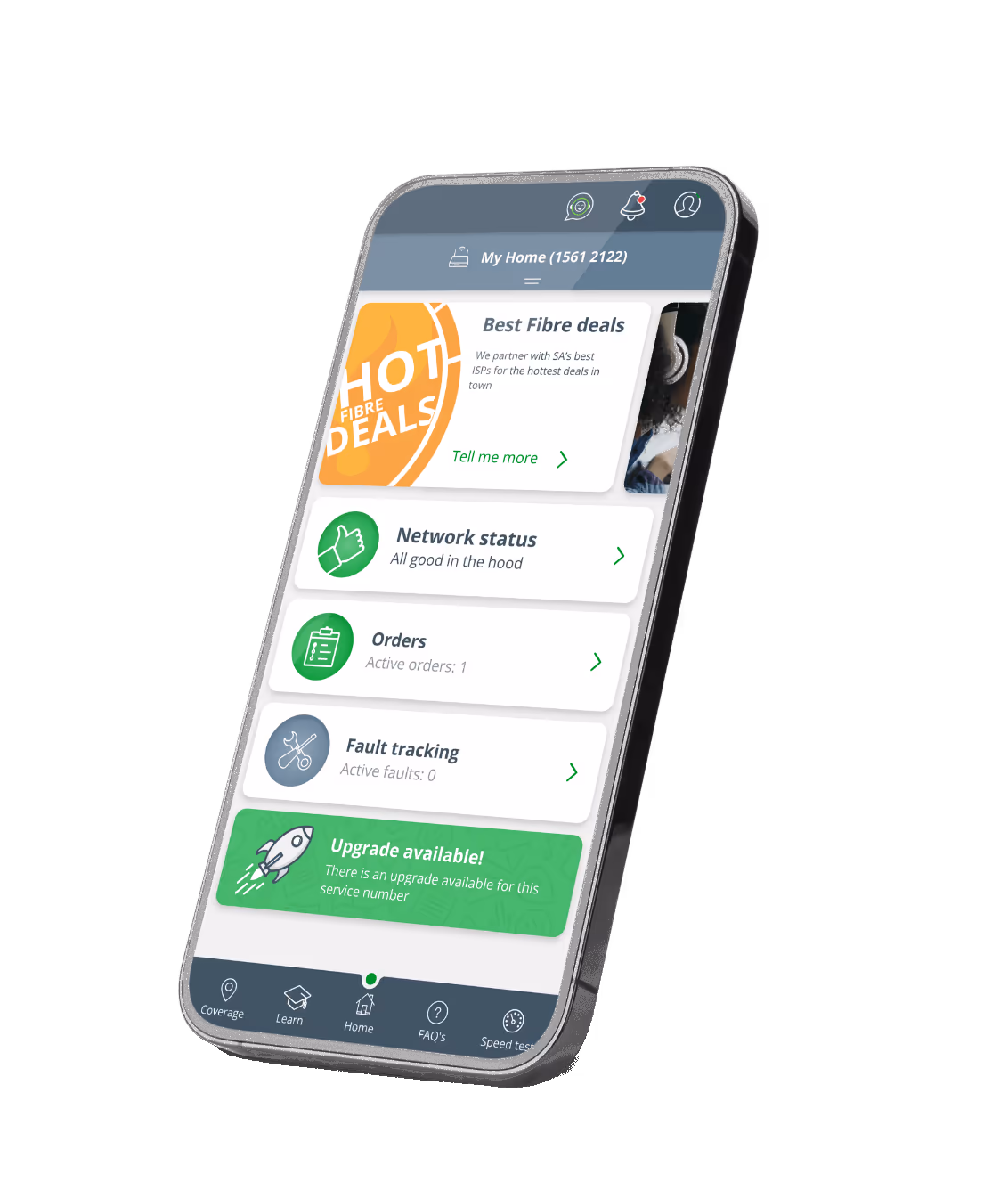 Openserve Connect mobile app showing fibre deals, network status and orders