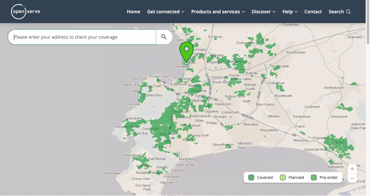 Openserve fibre coverage map of Cape Town with Table Mountain and glowing green network nodes across suburbs