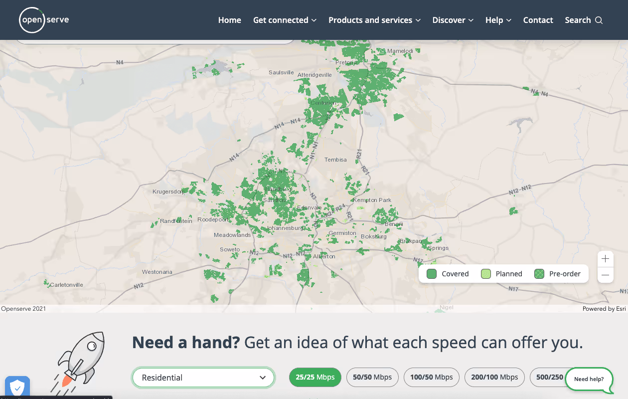 Openserve national fibre coverage map of South Africa with glowing green network nodes