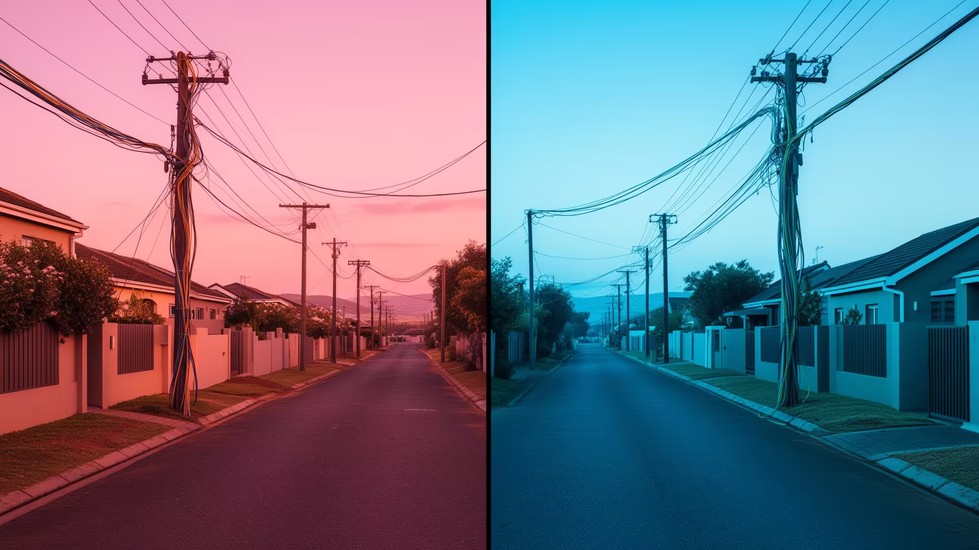 Two suburban South African streets compared side by side, with pink and blue accent lighting