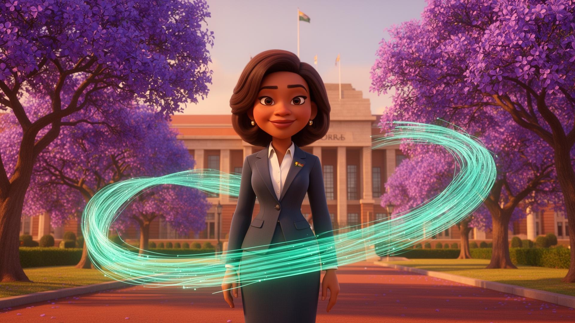 South African woman in business attire in Pretoria with the Union Buildings and jacaranda trees