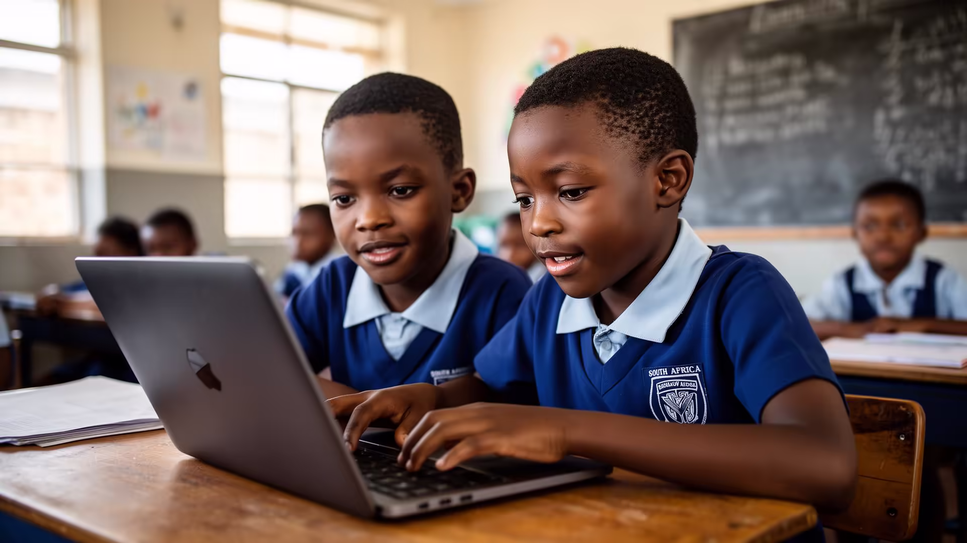 Two South African school children learning together on a laptop in a bright classroom