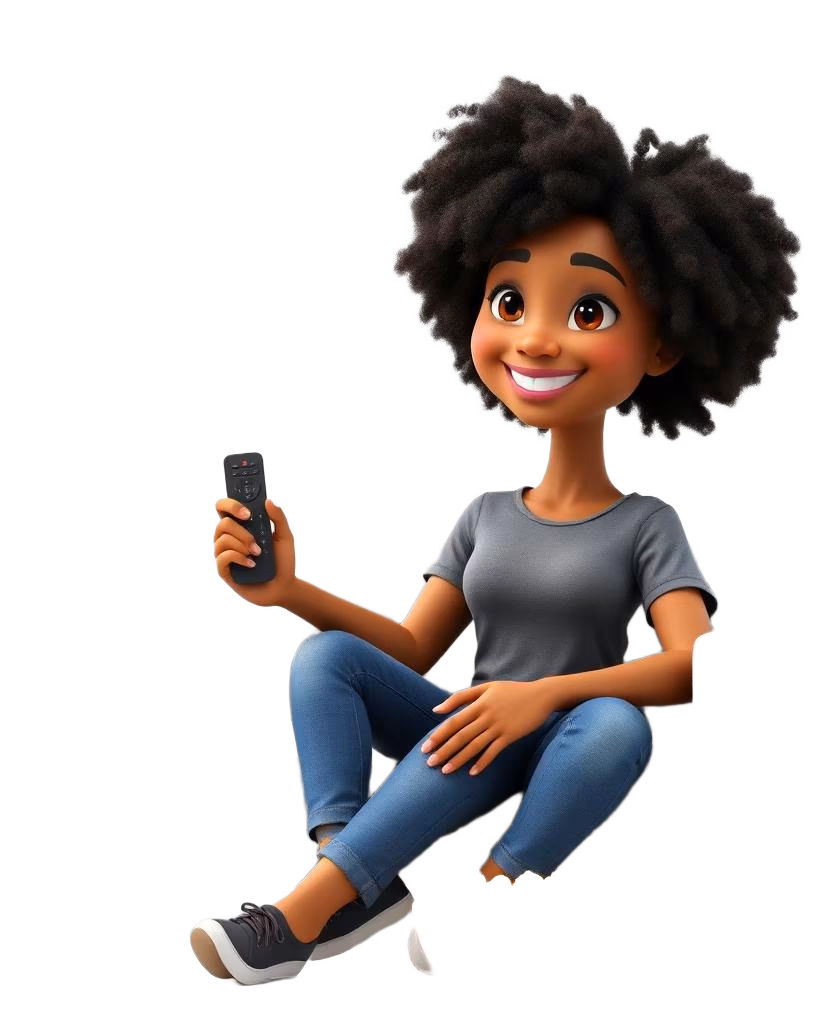 3D character relaxing on a couch with a TV remote, watching streaming services on a smart TV