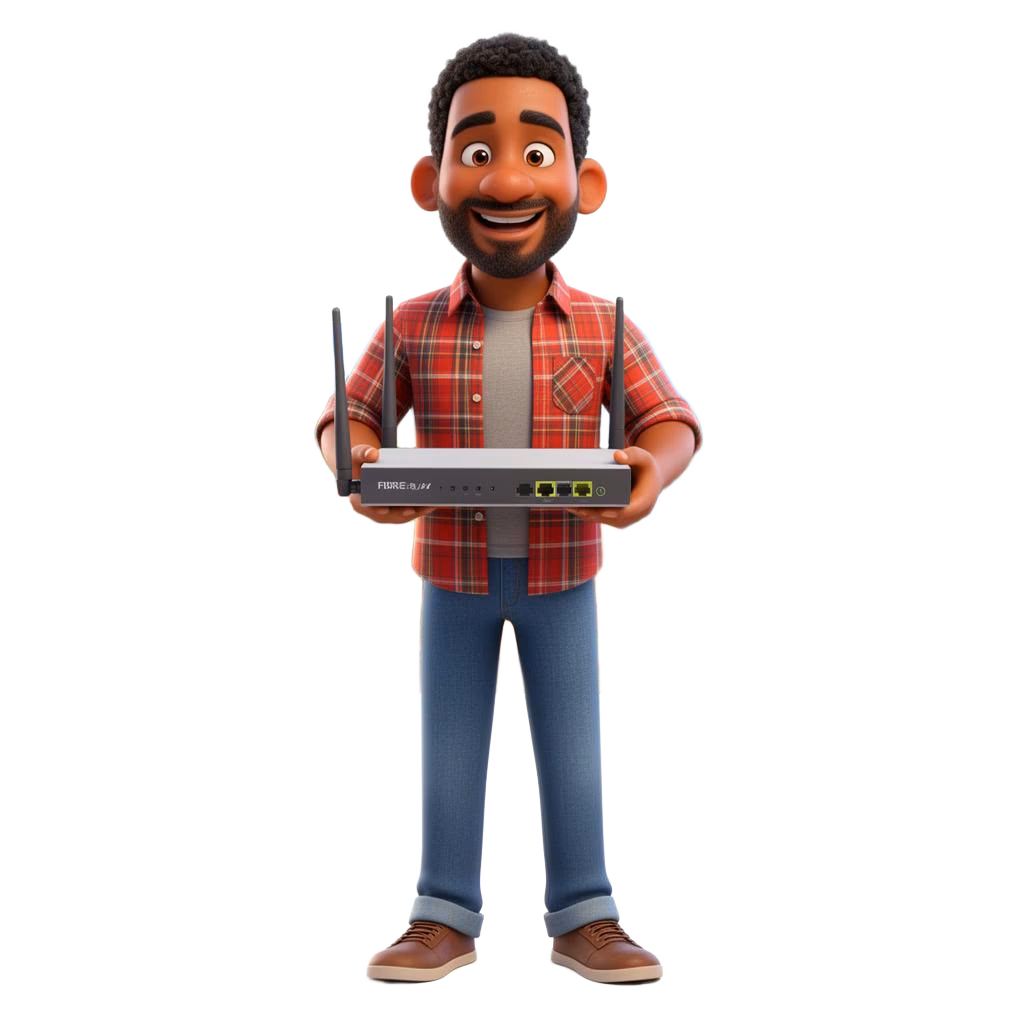 3D illustration of a Pinelands suburban dad holding a fibre router