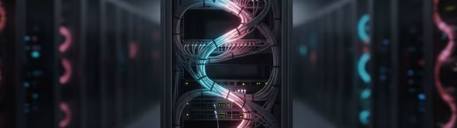 Server rack with neatly bundled fibre patch cables