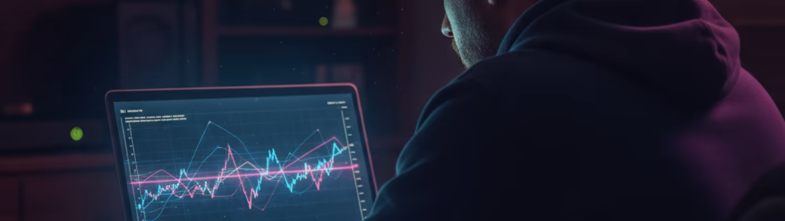 Person analysing a glowing chart on a laptop at night